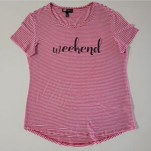 Baku Women's Red Stripe Scoop-neck Graphic Weekend Short Sleeve Pullover Top